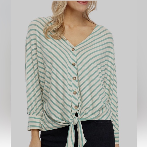 Democracy Womens aqua/cream striped tie front top size L - Picture 1 of 5